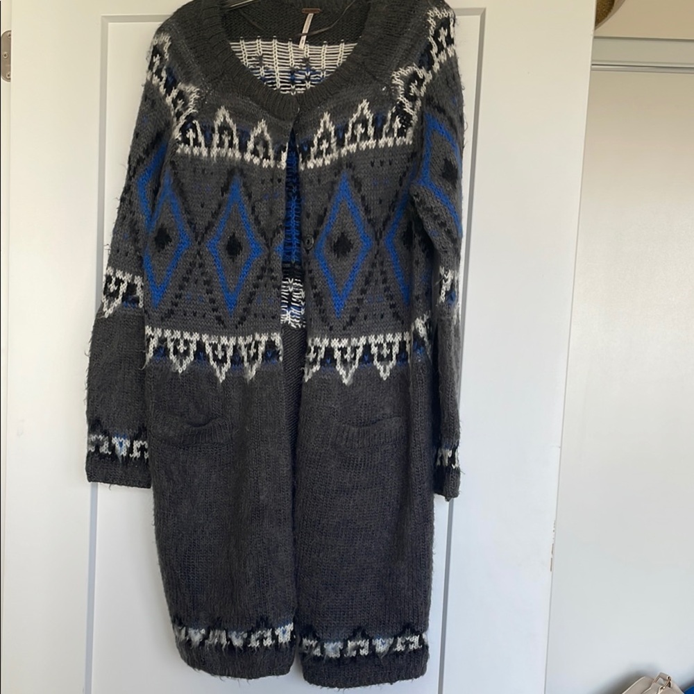 Gray and Blue LONG Patterned Women's Cardi